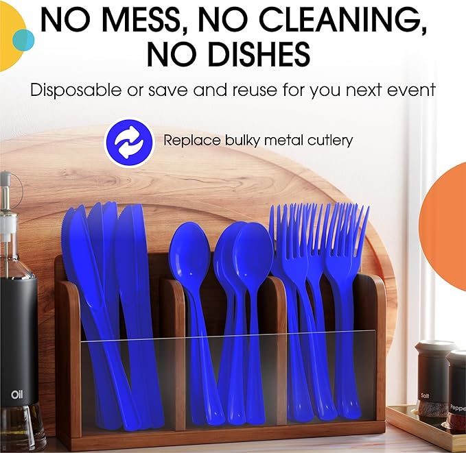 Party Solids Dark Blue Plastic Silverware Heavy Duty 150 Pieces Dark Blue Plastic Cutlery Sets, Utensil Sets, 50 Of Each Forks, Knives & Spoons Disposable Cutlery Set, Flatware Set For Party Supplies