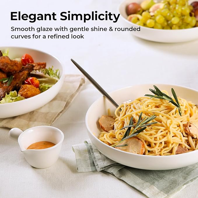 Y YHY 9.75" Large Pasta Bowls, 50 Ounces Big Salad Bowls, Ceramic Serving Bowl Set of 4, Wide and Shallow Bowls Set, Microwave and Dishwasher Safe, White