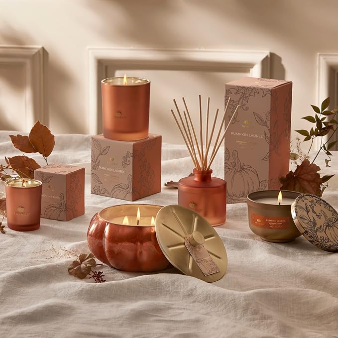 Thymes Scented Candles for Women & Men – Tin with Lid – Luxury Home Decor – Pumpkin Candles with Notes of Nutmeg, Cinnamon, Clove, & Orange Peel – Fall Decor (Pumpkin Laurel, 6.5 oz)