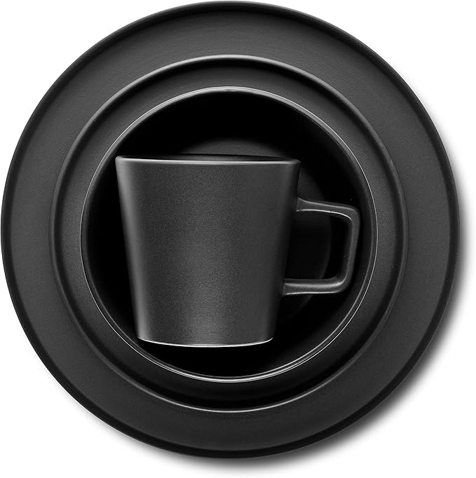Stone Lain Celina Stoneware 16 Piece Dinnerware Set, Plates and Bowls, Black Matte Dish, Service for 4 – Minimalist Round Style, Microwave & Dishwasher Safe