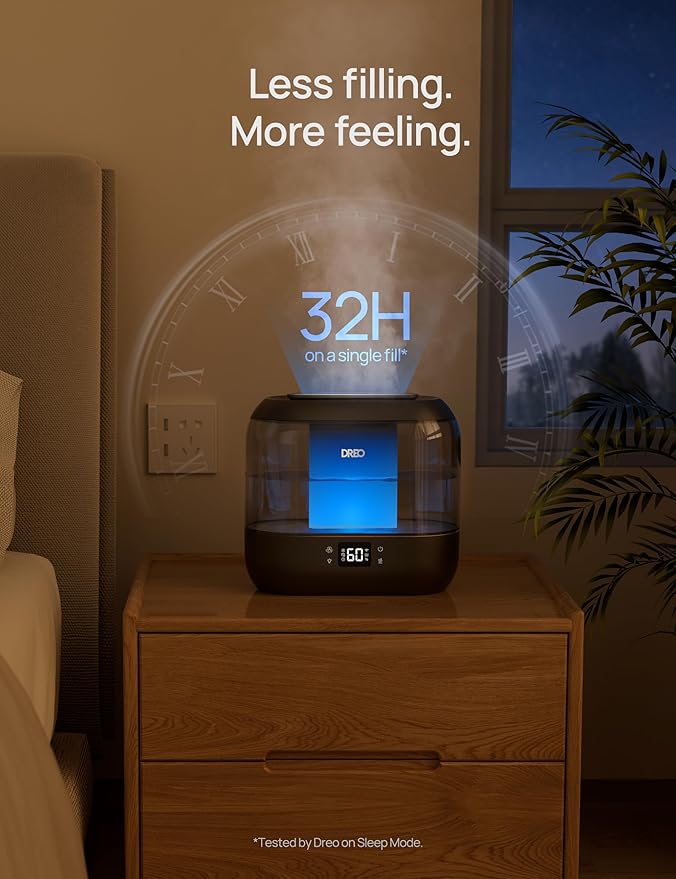 Dreo Humidifiers for Bedroom, Top Fill 4L Smart Cool Mist Humidifier with Oil Diffuser, Cartridge, Nightlight, 32H Runtime, Quiet Ultrasonic Humidifiers for Home, Baby Nursery, Plants, Office, HM311S