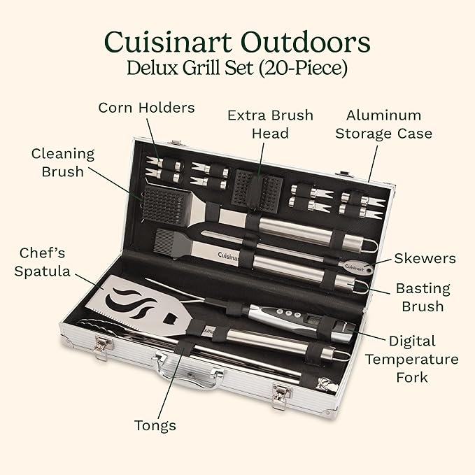 Cuisinart Deluxe Grill Tool Set, 20-Piece Grill Set, BBQ Accessories with Aluminum Case, Stainless Steel Grilling Accessories, BBQ tools, Grilling Gifts for Men, Father’s Day Gifts for Dad Husband