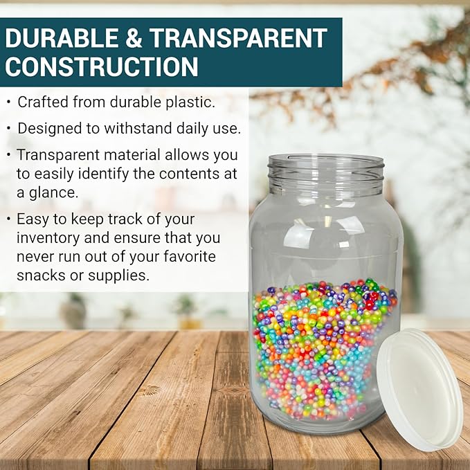 1 Gallon Large Plastic Jar with Lid (1 Pack) - Food Safe & Air Tight - Clear Storage Gallon Container with Lid - Wide Mouth Food Storage Containers - Large Candy Jar for Kitchen & Pantry Organization
