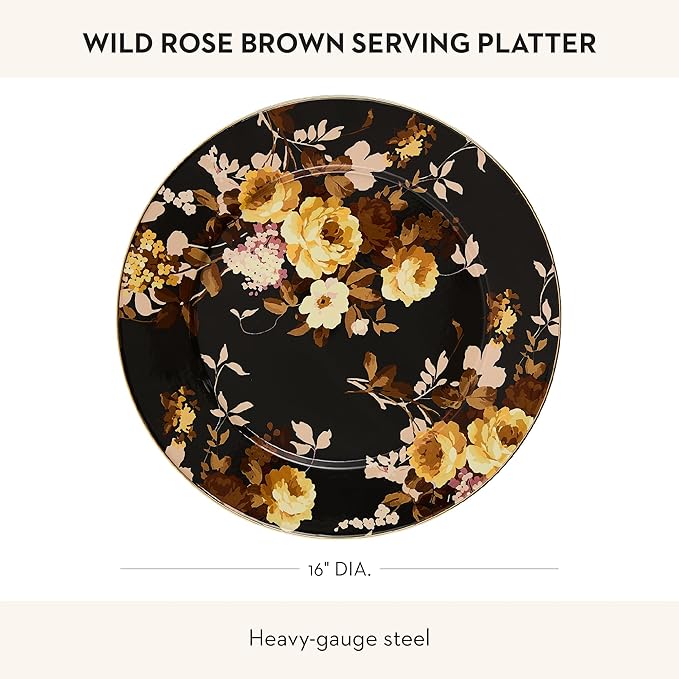 MACKENZIE-CHILDS Enamel Serving Platter, Decorative Serving Platter for Food, 16 Inches, Wild Rose Brown