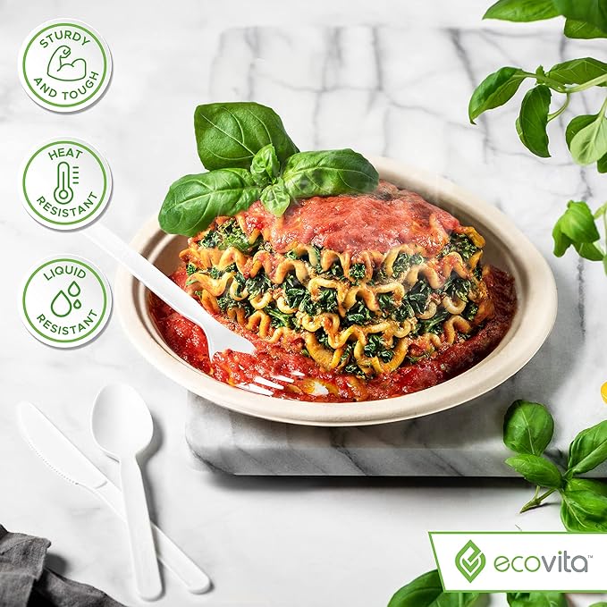 Ecovita 100% Compostable Knives - 140 Large Disposable Utensils (7 in.) Eco Friendly Durable and Heat Resistant Alternative to Plastic Knives with Convenient Tray