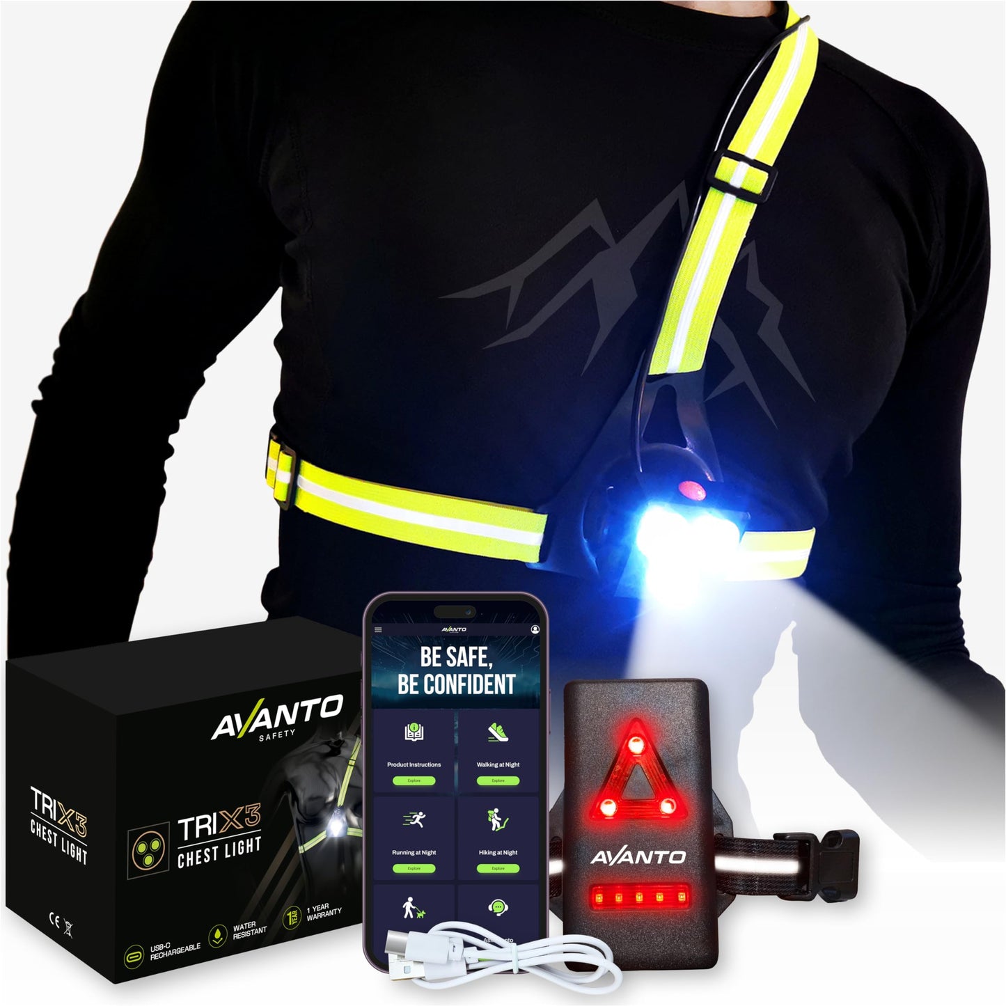AVANTO Triple Beam Chest Lamp, Original, 500 Lumen LED Night Running Lights for Runners, Dog Walking LIght, Long 5-7h Usetime, USB-C Rechargeable Battery, Running Headlamp, Reflective Vest, Yellow