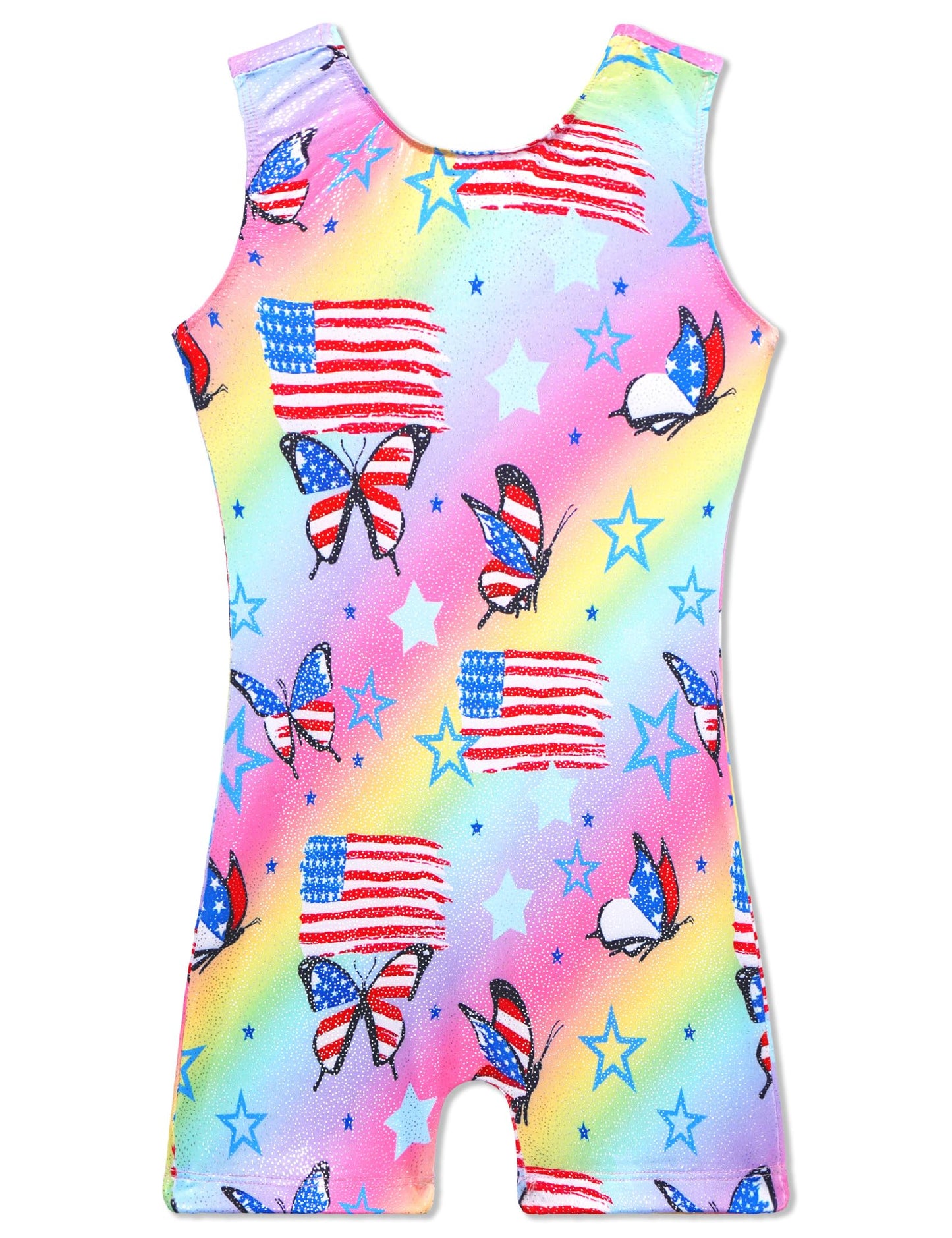 TENVDA Girls Leotards for Gymnastics Size 6-7 Years Old Sparkly Colorful Butterfly Pattern Professional Biketard Unitard