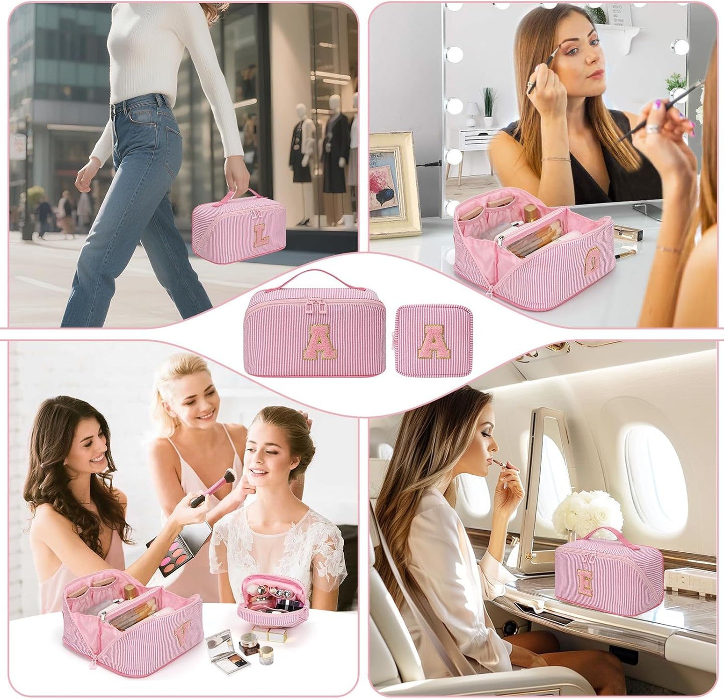 Travel Makeup Bag for Women, 2Pcs Portable Personalized Initial Makeup Organizer Bag, Open Flat Large Cosmetic Bag With Travel Essential Pouch (Pink Letter E)