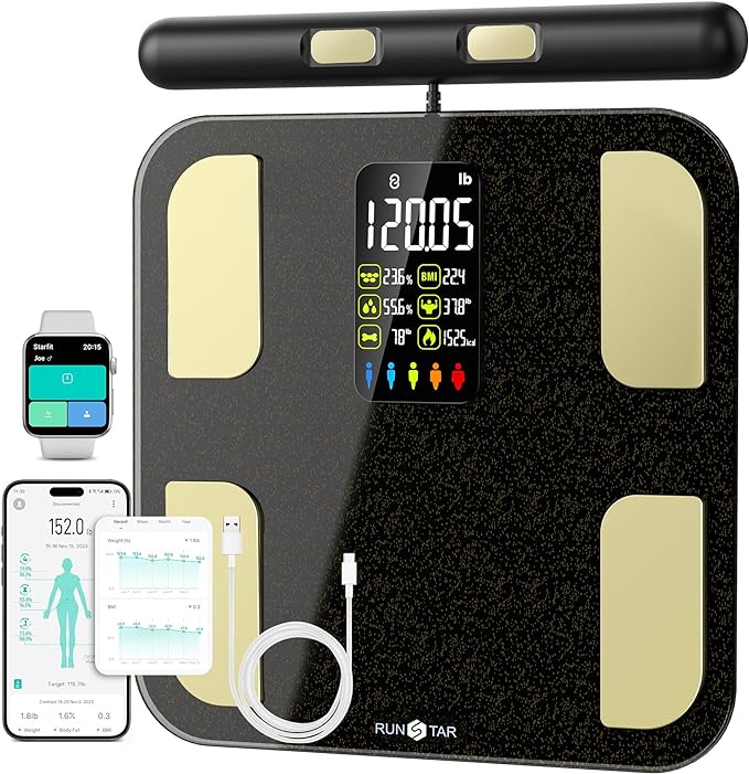 Scale for Body Weight, RunSTAR 8 Electrodes High Accurate Rechargeable Composition Analyzer with BMR Index Body Fat Digital Scale Composition Muscle & Fat Measurement Large Display 400lb