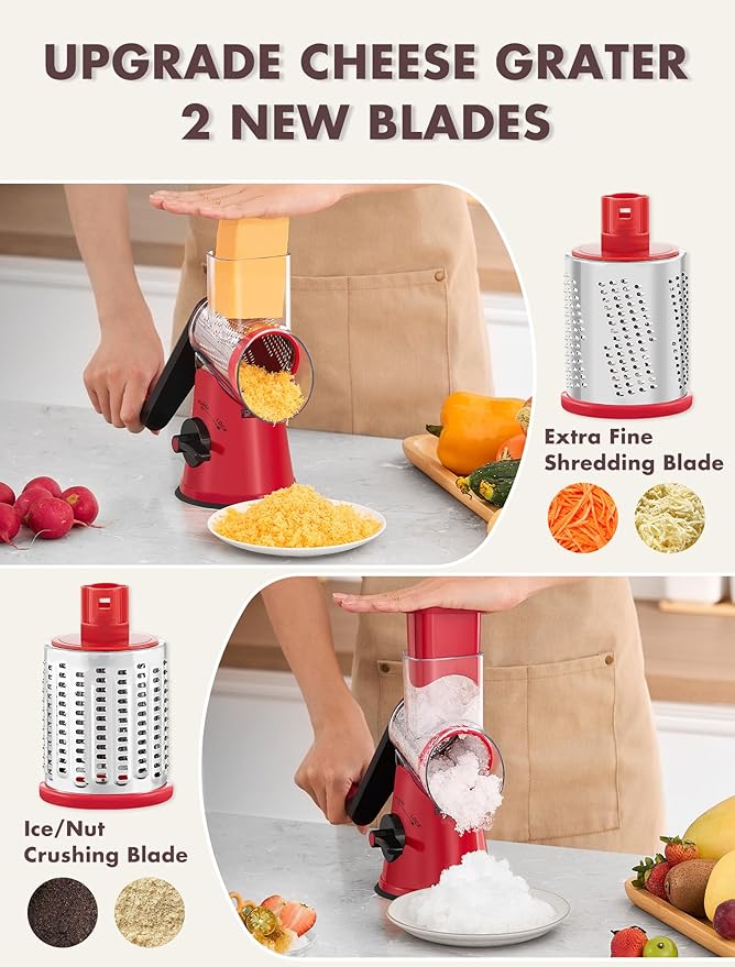 GDL Rotary Cheese Grater, Upgraded 5-in-1 Cheese Grater Hand Crank, Multi-purpose Cheese Shredder with Handle, Vegetable Slicer Cutter Ice Shaver for Potato, Carrot, Nuts, Chocolate