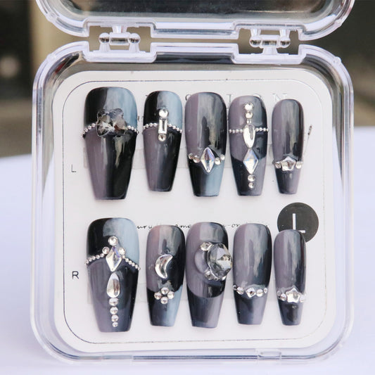 CAMILCY Handmade Nails Press on Coffin Armor Gradient Black Crystal Design Hand Painted Reusable Gel UV Finished Pre Shaped False Nails for Women 10Pcs 3D Handmade Nails (A011 L)