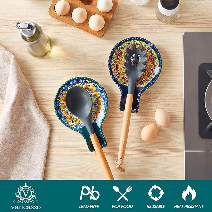 vancasso Ceramic Spoon Rest Sets of 2 for Stove Top, 7.7 Inch Cooking Spoon Holder for Kitchen Counter Decor, Spoon Holder for Coffee Spoon Rest, Spoon Cradle, Spatula, Spoons or Tongs, Dark