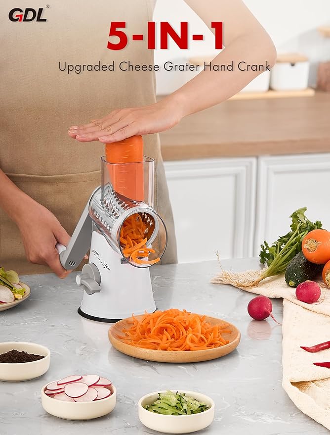 GDL Rotary Cheese Grater, Upgraded 5-in-1 Cheese Grater Hand Crank, Multi-purpose Cheese Shredder with Handle, Vegetable Slicer Cutter Ice Shaver for Potato, Carrot, Nuts, Chocolate