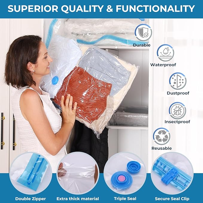 Vacuum Bags for Travel with Portable Electric Pump, 8 Pack Vacuum Seal Bags for Luggage and Suitcase Compression, Space Saver Vacuum Storage Bags for Clothes and Clothing Travel