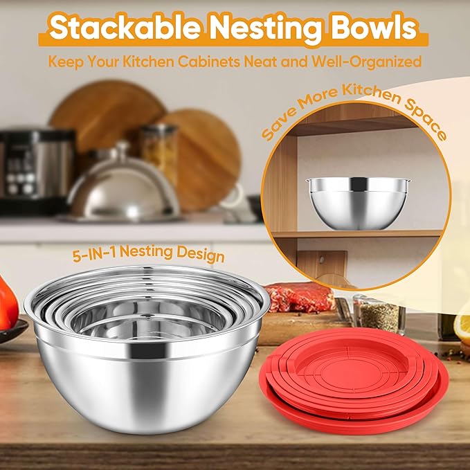Herogo 5-Piece Mixing Bowls with Airtight Lids, 3 Grater Attachments, Stainless Steel Salad Serving Bowls for Kitchen, Size 4.6, 3.5, 2.5, 2, 1.5QT Ideal for Prepping & Cooking, Red
