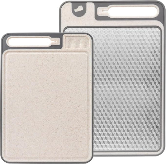 XIAPIA 2-in-1 Cutting Board Set (2 Pack), Stainless Steel & Plastic Cutting Boards for Kitchen, Metal Chopping Board Non Toxic & BPA Free, Built-in Knife Sharpener|Ginger Grater|Measurement Marks