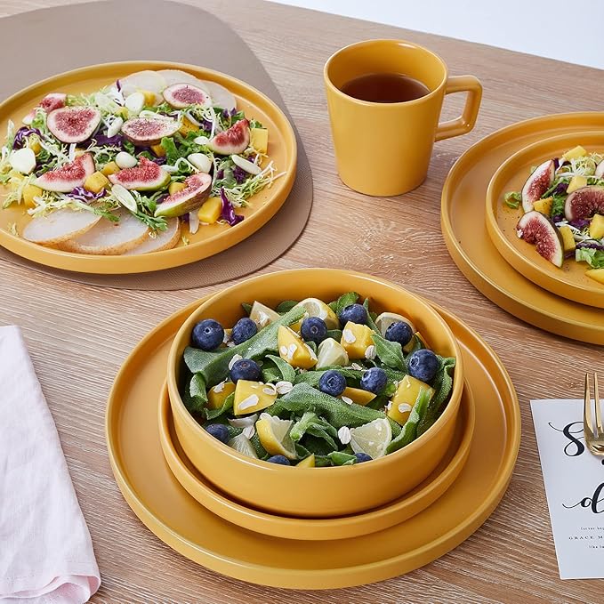 Stone Lain Cleo Modern Stoneware 32-Piece Dinnerware Set, Plates and Bowls Set, Pasta Bowls, Dish Set Service For 8, Yellow