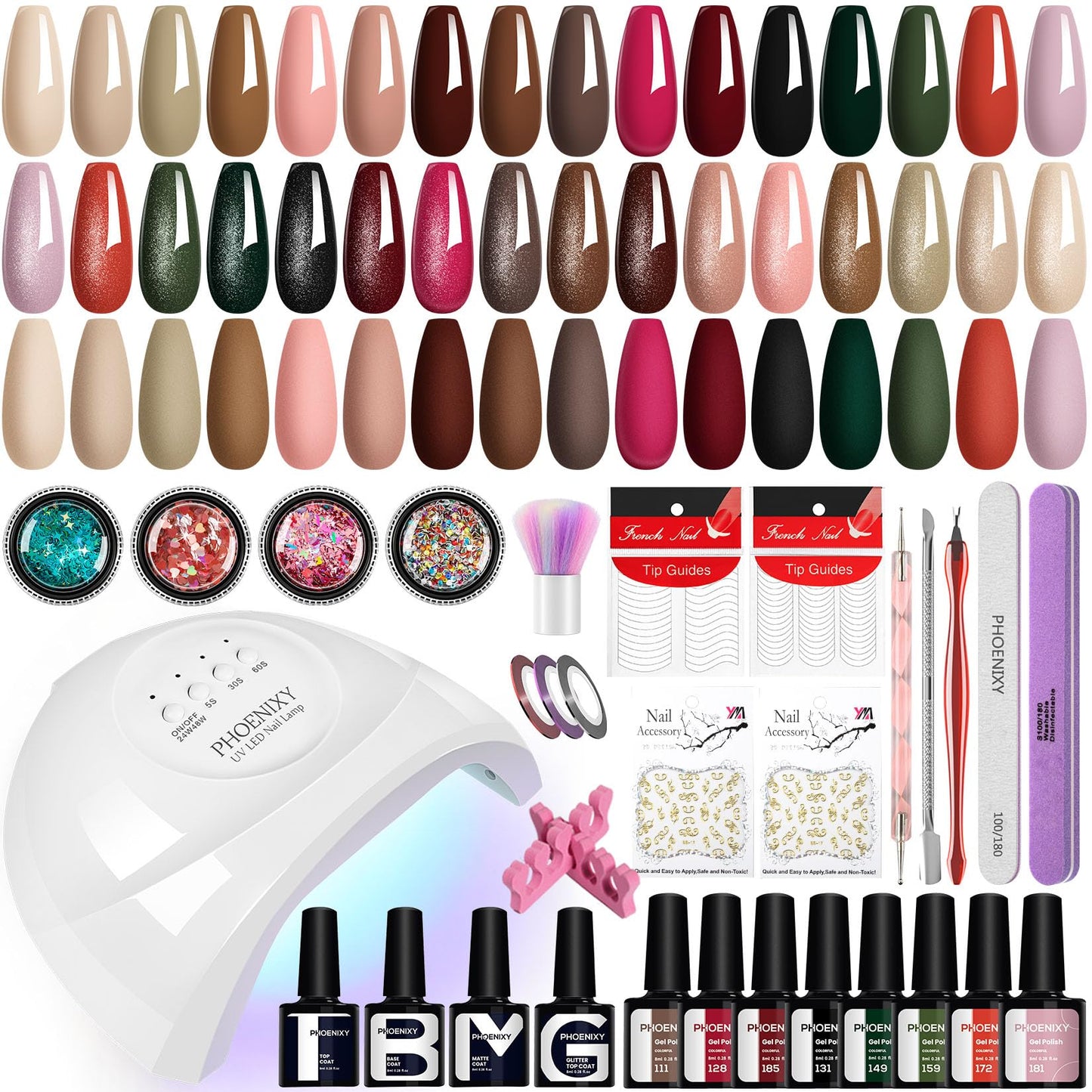 PHOENIXY 40 Pcs Gel Nail Polish Kit with U V Light Fall Winter Gel Nail Kit with 48W LED Nail Lamp Nude Pink Brown Red Black Green Gel Nail Polish Set Gift for Women