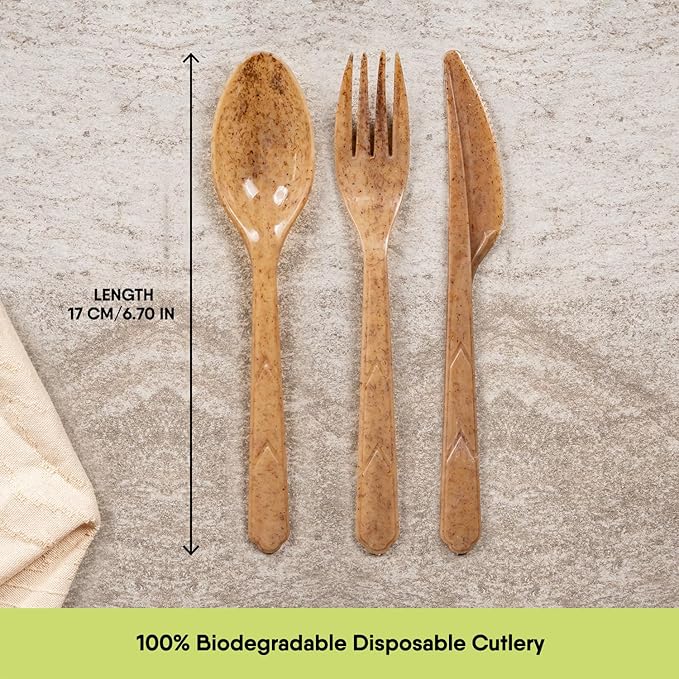 100% Biodegradable Cutlery Made of Vegetable Fibers, 300 PCS of 6.7” Long Heavy-Duty and Splinter Free Eco-Friendly Spoons, Forks & Knives, Perfect Sustainable Cutlery by The Veggie Straws