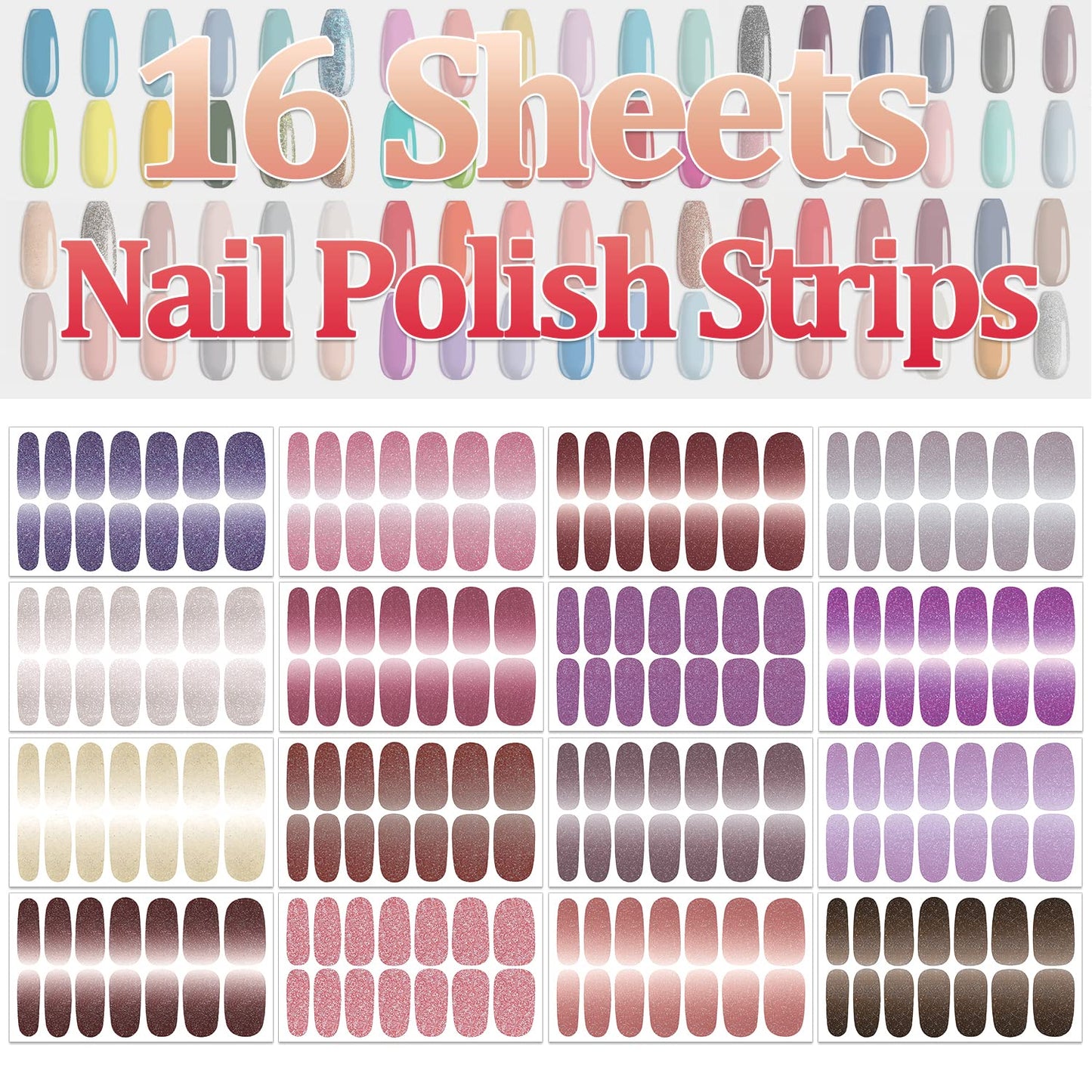 SILPECWEE 16 Sheets Glitter Nail Wraps for Women Nail Polish Strips Self Adhesive Nail Polish Stickers Gel Nail Strips Fingernail Manicure Stickers Nails Art Accessories with 1pc File