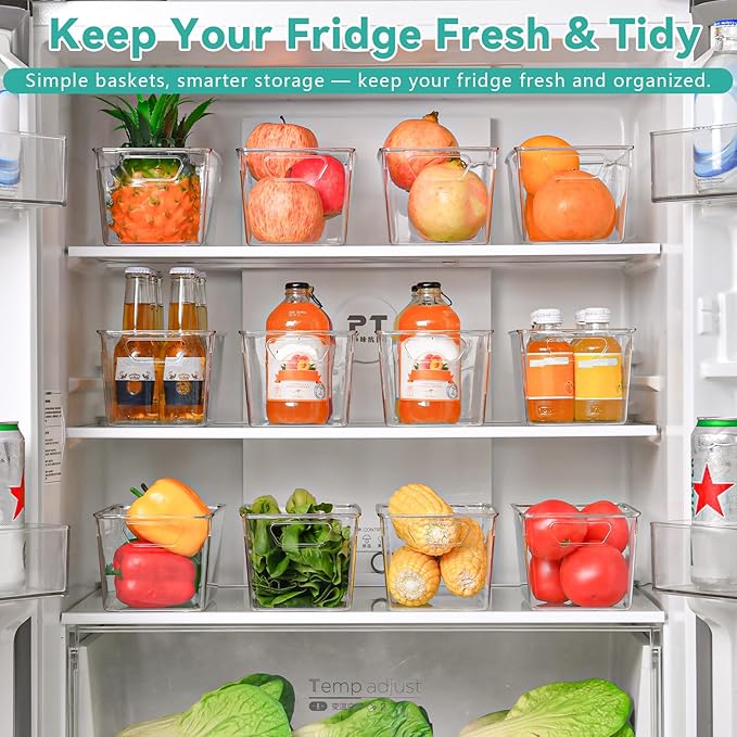 Clear Plastic Storage Bins, 12 Pack Acrylic Pantry Organizer and Storage Bins, Fridge Organizer, Small Plastic Containers Bins with Handles, CabinetOrganizer for Kitchen,Bathroom,Refrigerator,Shelves