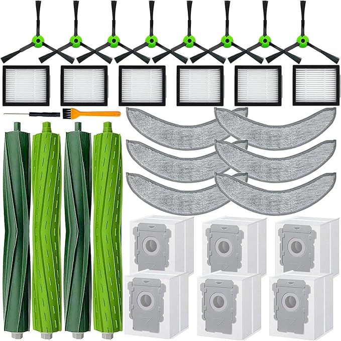 32 Pack Replacement Parts Kit Compatible with iRobot Roomba Combo j7+ Plus, Combo j9+,Combo 10 Max Vacuum, Includes 2 set Roller Brushes, 6 Mop Pads, 6 HEPA Filters, 8 Side Brushes, 6 Dust Bags