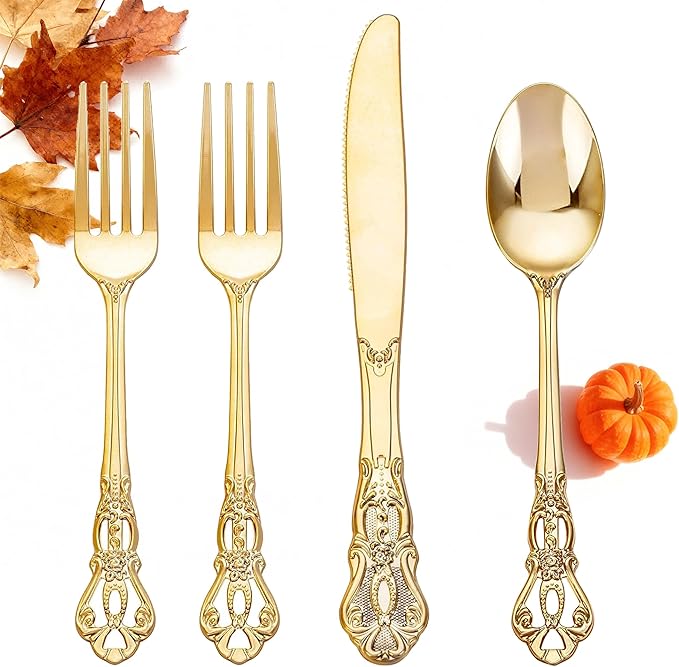 40PCS Gold Plastic Silverware - Heavy Duty Elegant Disposable Utensils - Gold Plastic Cutlery Set Includes 20 Forks, 10 Spoons, 10 Knives for Dinner, Parties, Weddings