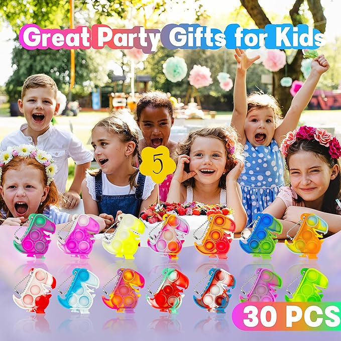 Dinosaur Pop Fidget Toys Bulk Its 30 Pack Dinosaur Party Favors for Kids 4-8 8-12 Mini Dino Pop Keychain It Fidget Toy Fidgets for Classroom Prizes Student Carnival Birthday Goodie Bag Stuffers Filler