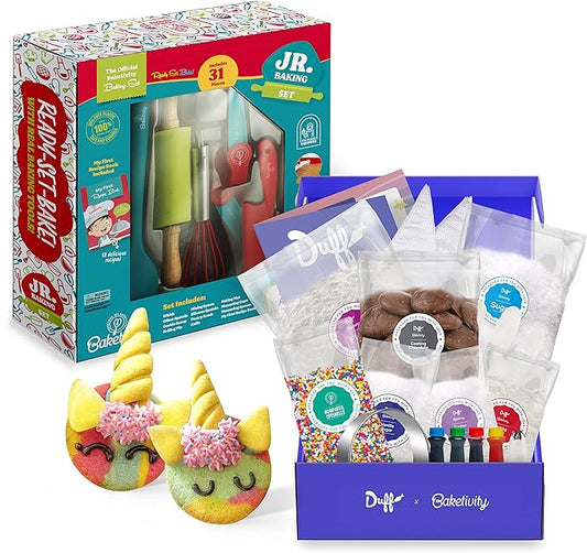 Baketivity All-In-One Kids Cooking Tool Set and Unicorn Rainbow Cookies Kit Bundle - Learn Basic Baking Skills with Duff Goldman DIY Cookie Making Kit - Best Cooking Set Gift for Little Junior Chefs