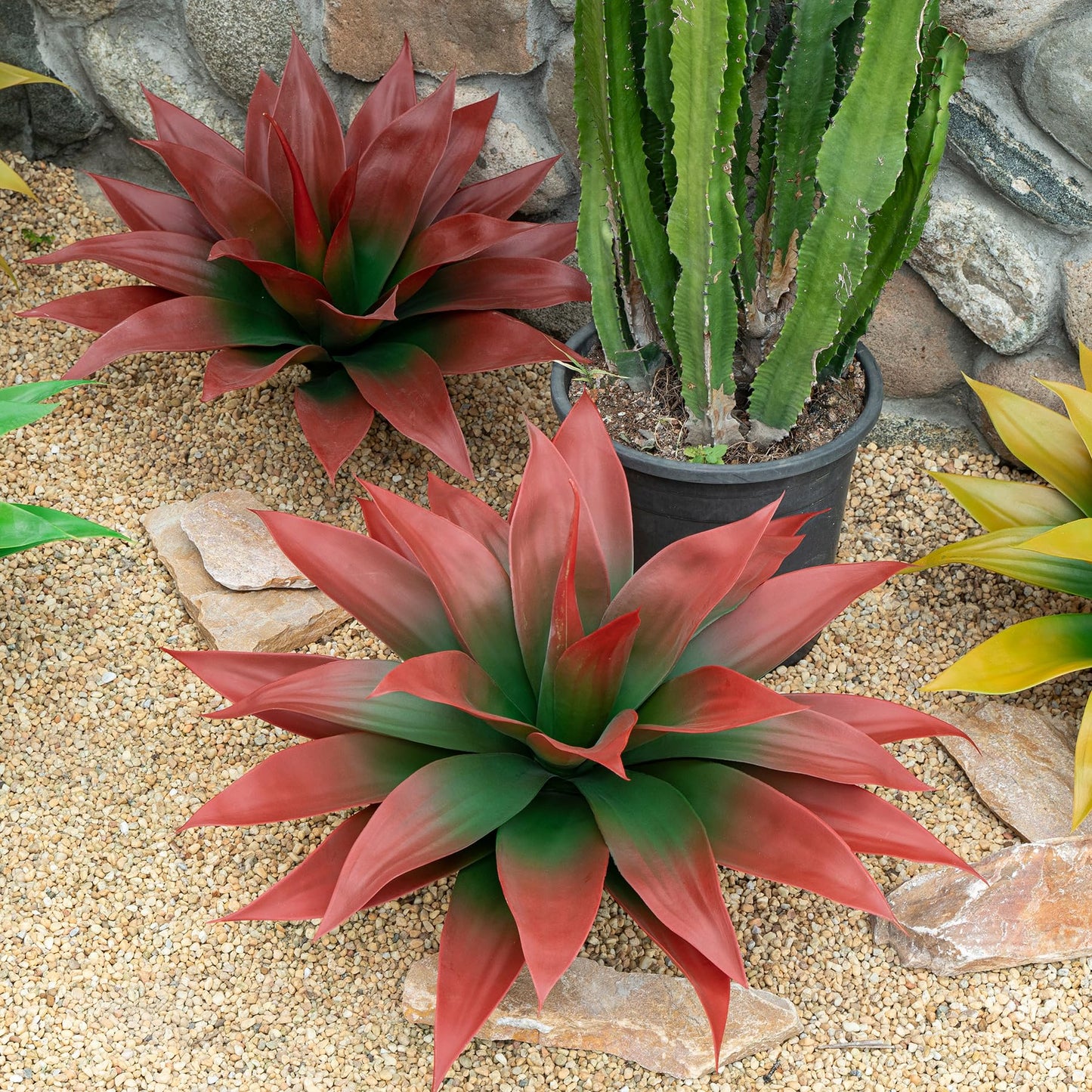 Ttranewsoo Artificial Agave Plants,Large UV Resistant Fake Agave Planters for Indoor and Outdoor Decorating Tropical Plant Succulents Greenery Indoor Decor (2Pack,18" Red)