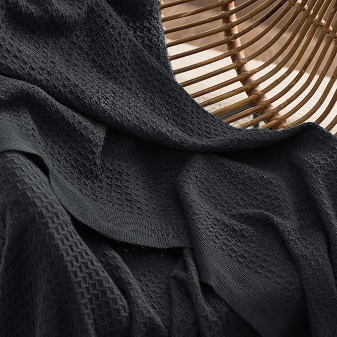 Bedsure 100% Cotton Blanket King Size for Bed - Breathable and Soft, Waffle Weave Blanket for Summer Spring, Black, 104x90 inches