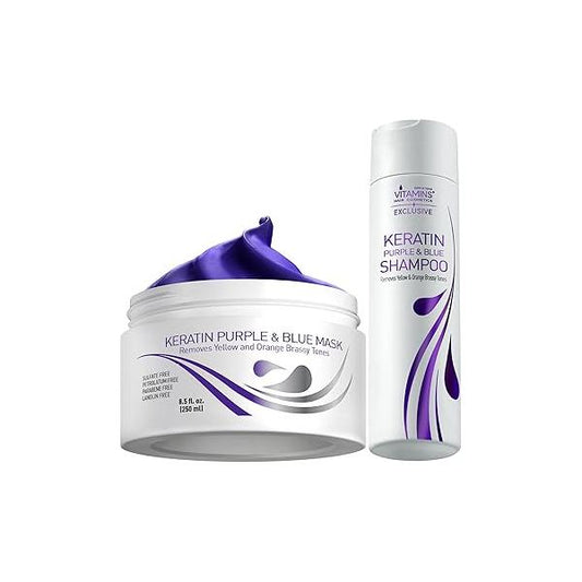 VITAMINS hair cosmetics Keratin Purple Blue Hair Mask and Shampoo Kit - Conditioner Anti Brassiness Toner Violet Set for Bleached Blonde Platinum Silver White Gray Dry Damaged